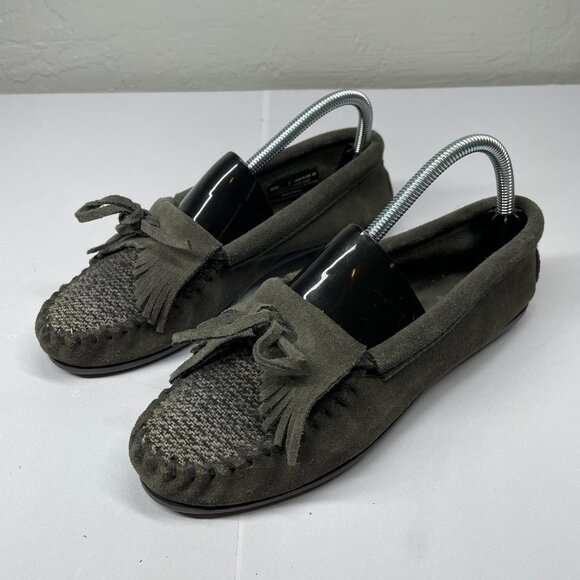 Minnetonka Size 7 Gray Tweed Kitty Moccasin Suede Leather Fringe Rubber Sole - Picture 2 of 9